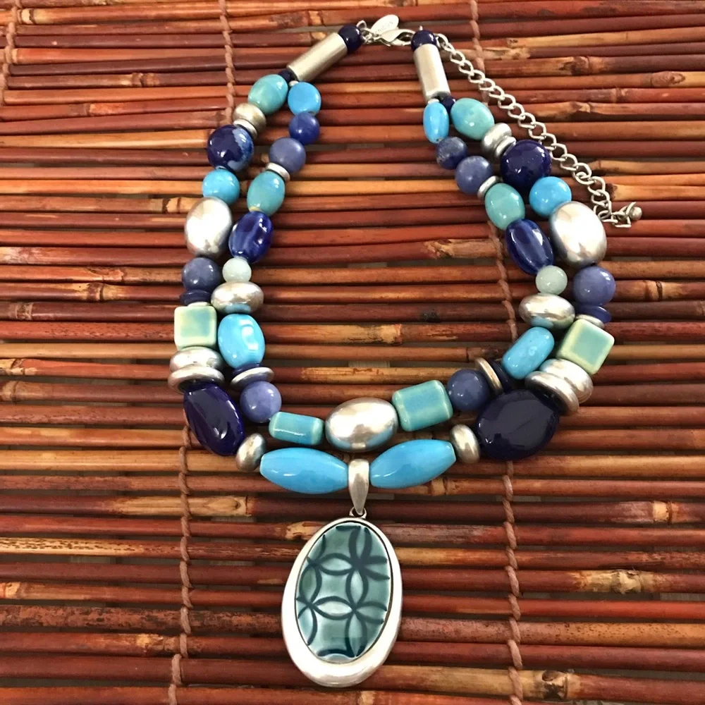 Chico’s Multi Strand Blue Ceramic Pendant Necklace - Picture 2 of 5